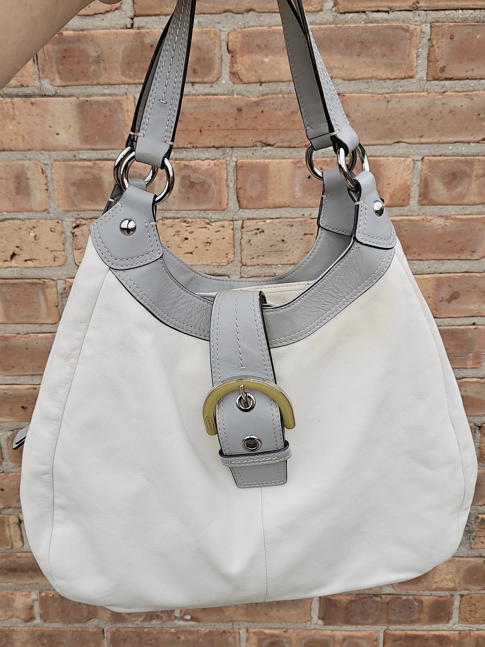 Coach Soho Hobo Lynn ivory with gray trim soft buttery all leather shoulder bag.